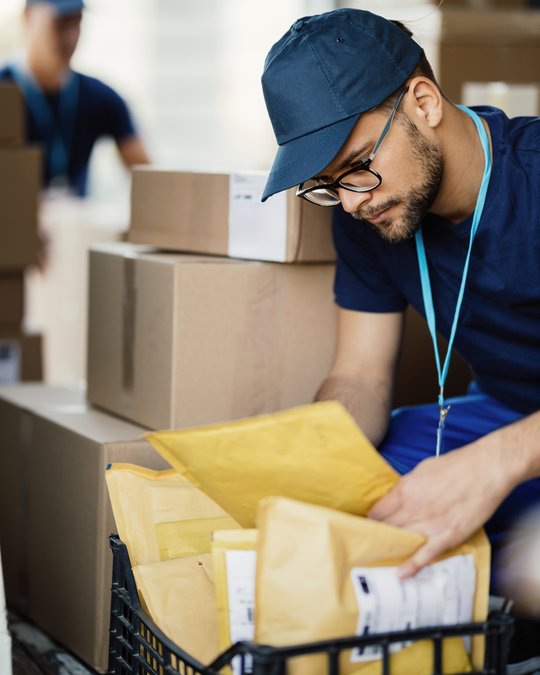 Delivery man sorting small parcels